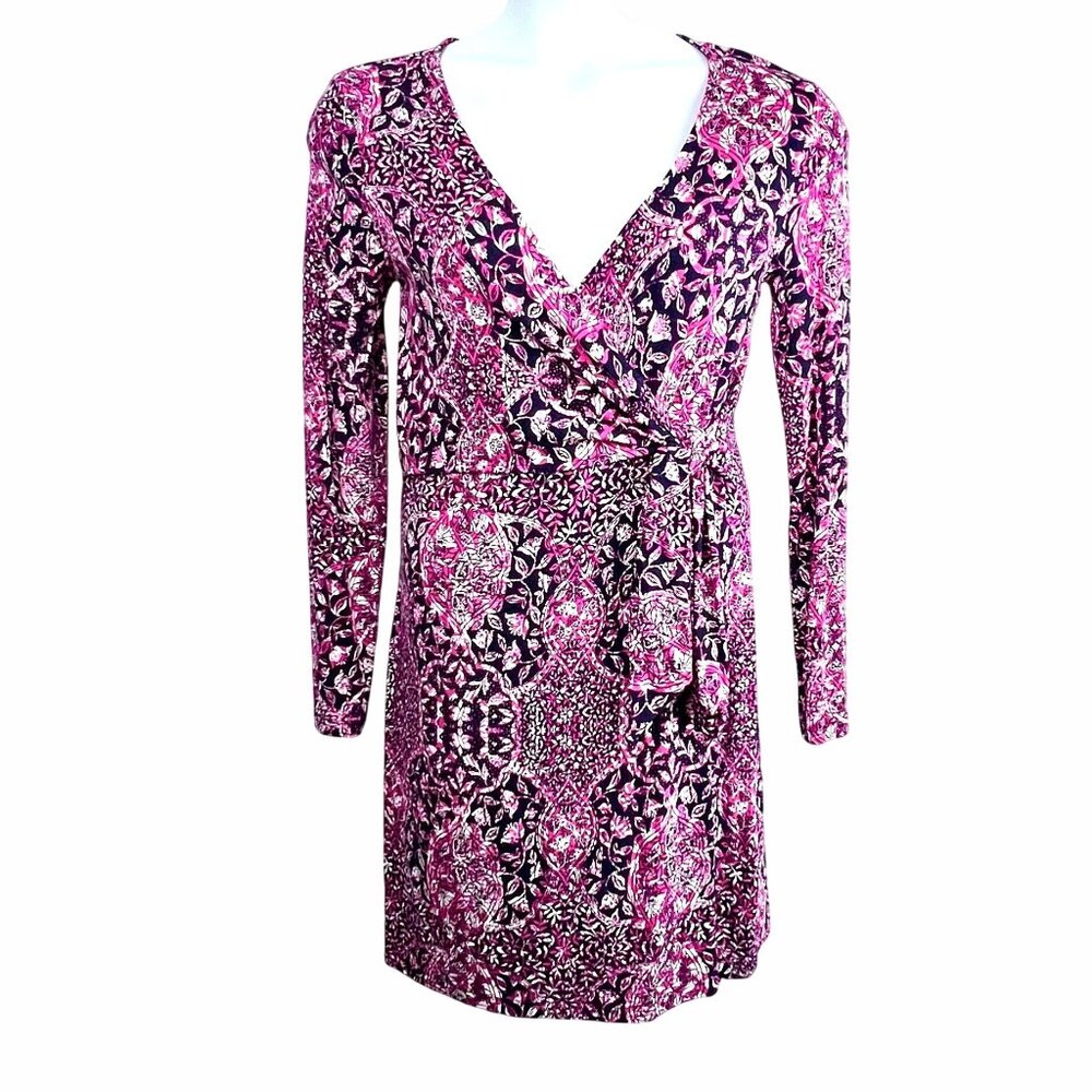 Artisan NY Floral Wrap Dress Size M Pink Purple Navy Long Sleeve Rayon Blend EUC